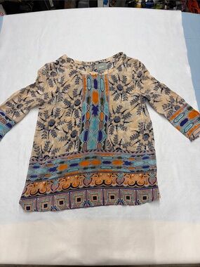 Maeve Beige Floral Tunic with Multicolor Border Trim button back Sz4